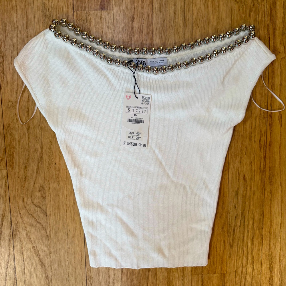 NWT Zara S White Beaded Women's Top